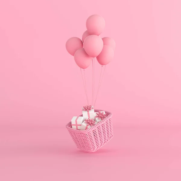 用粉红气球在粉刷背景上漂浮在篮子里的最小的概念概念 3D渲染 — 图库照片