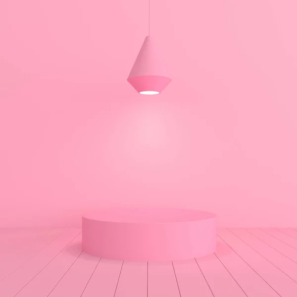 Minimalna Scena Makiety Okrągłym Podium Lampą Wiszącą Różowym Tle Renderowanie — Zdjęcie stockowe