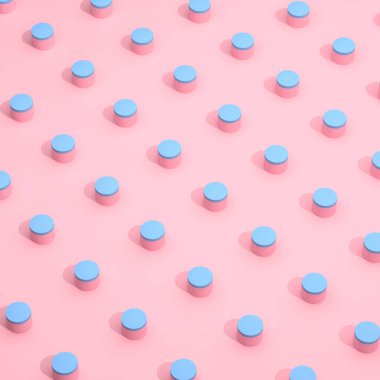 Pembe arka planda çok az silindir şekli ve gölge var. Pastel renkli geometri. 3B görüntüleme.