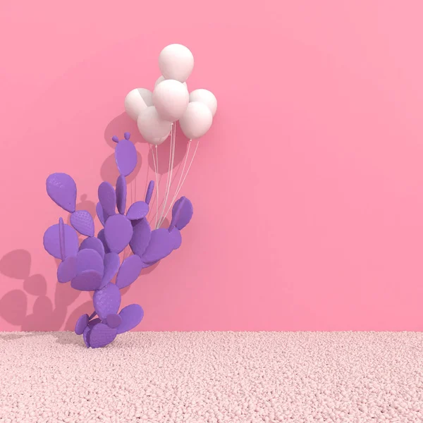 粉红背景的极小风格的仙人掌和楼梯 沙砾上有阴影和阴影的墙 3D渲染 — 图库照片