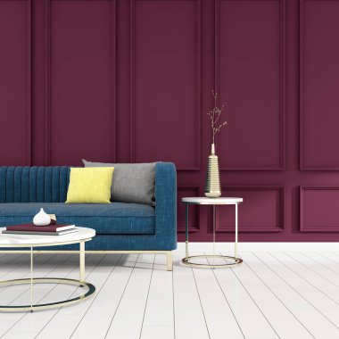 Oturma odası, kumaş kanepe ve klasik panel duvarında yuvarlak masa manzarası. İç mimari ve altın dekorasyonun bakış açısı. 3d oluşturma.