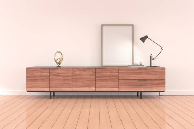 Ahşap dolapta ve altın lambada beyaz boş resim çerçevesi olan iç mekanın bir kopyası. Klasik tasarım perspektifi. 3d oluşturma.