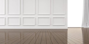 Beyaz boş oda ve güneş ışığıyla kaplanmış ahşap döşeme, beyaz perdeli minimum iç tasarım perspektifi olan gölgeyi duvara yansıtıyor. 3B görüntüleme.