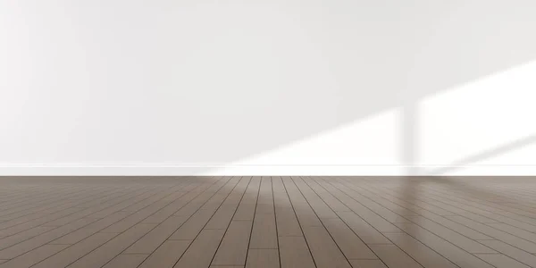 Makieta Białego Pustego Pokoju Ciemnego Drewna Laminowana Podłoga Światłem Słonecznym — Zdjęcie stockowe