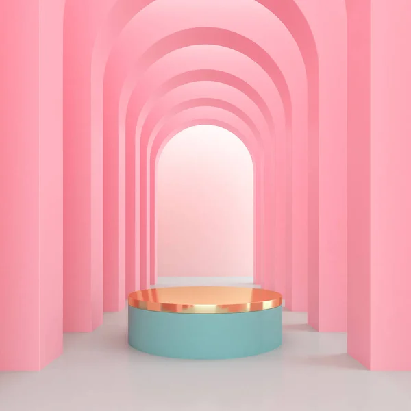Minimal style of arch space with  gold presentation podium, Architectural details with shadow on archway. 3D rendering.