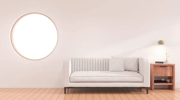 Pemandangan Ruang Tamu Modern Dengan Jendela Lingkaran Dan Lampu Kayu — Stok Foto