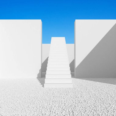 Mavi gökyüzü arka planı, gölgesi ve gölgesi üzerinde küçük çakıl taşları olan beyaz merdiven ve duvarlı asgari mimari alanların soyutlanması. 3B görüntüleme.