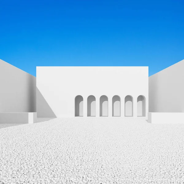 Abstract of minimal architecture space with white arch door building and wall around with small gravel on blue sky background, shade and shadow. 3D rendering.