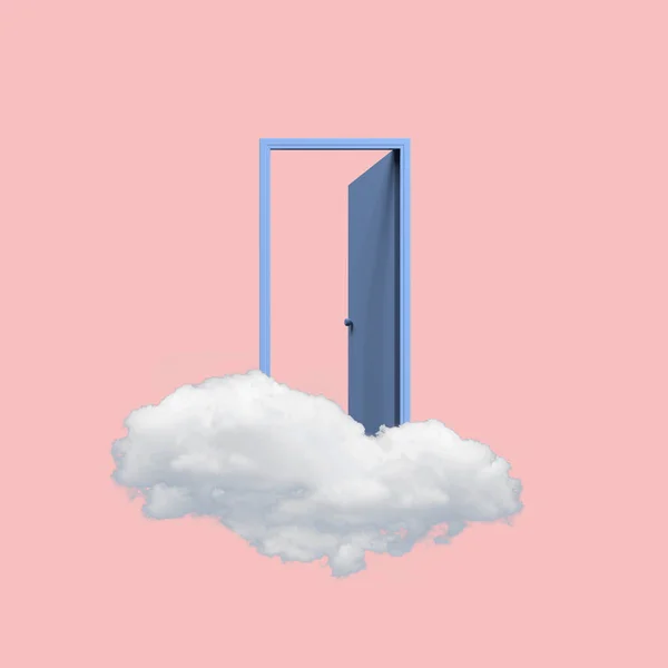 蓝色敞开的门在白云上漂浮的极小的概念性图像 3D渲染 — 图库照片
