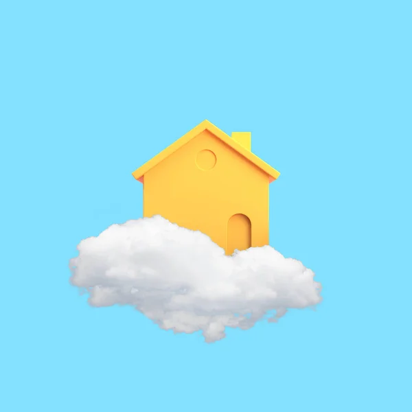 Minimal Conceptual Image Yellow House Floating White Cloud Rendering — Stock Photo, Image