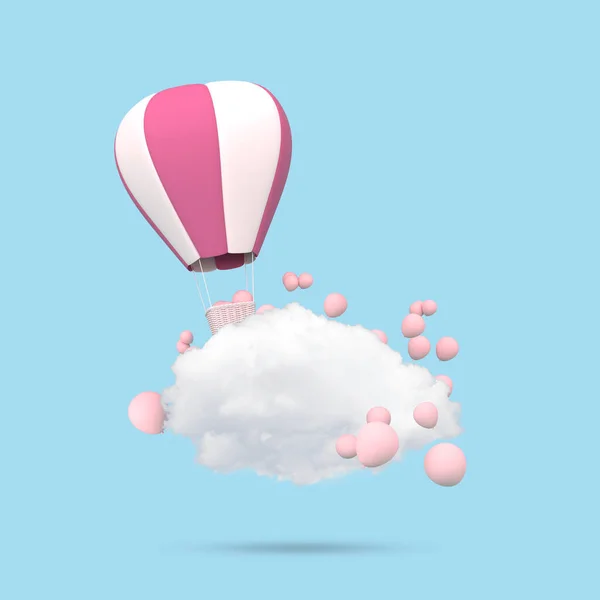 Minimal concept of floating balloons and white cloud on blue background. 3D rendering.