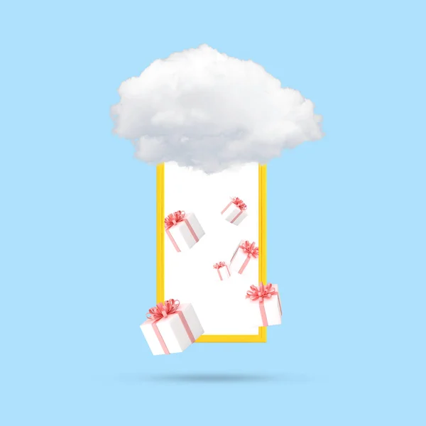 Minimalny Obraz Koncepcyjny Żółtej Ramki Białą Chmurą Pływającymi Pudełkami Niebieskim — Zdjęcie stockowe