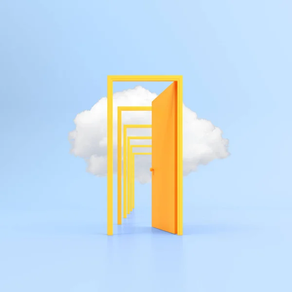 Minimal Conceptual Image Yellow Open Door White Cloud Blue Background — Stock Photo, Image