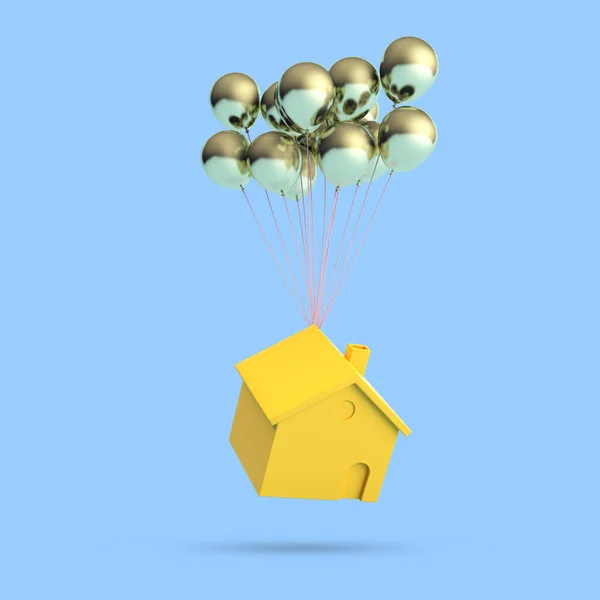 Minimales Konzeptuelles Bild Eines Schwebenden Gelben Hauses Und Goldener Luftballons — Stockfoto