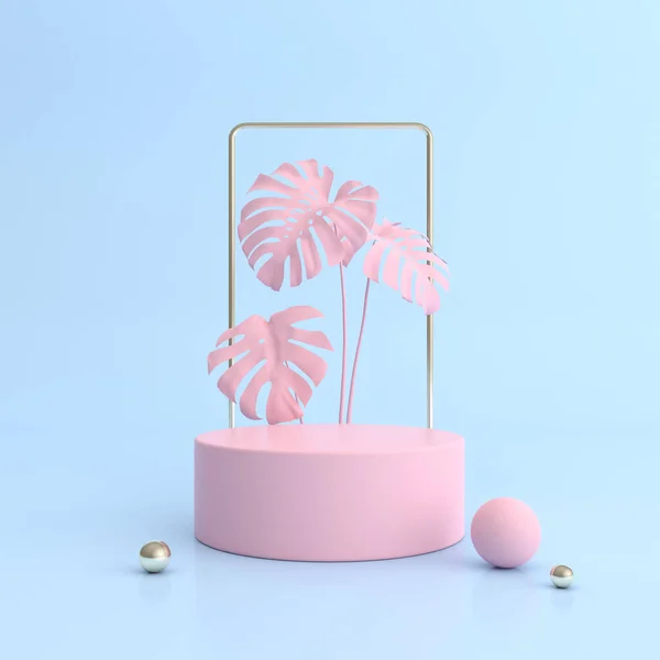 Scena Astratta Minimale Con Podio Rotondo Pianta Monstera Rosa Design — Foto Stock