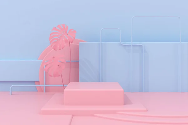 円形の表彰台とピンクのモンスター植物と最小限の抽象シーン パステルカラーで幾何学的なフォームを持つ建築モックアップデザイン 製品プレゼンテーション 3Dレンダリング — ストック写真