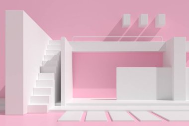 Pastel renk arka planında merdiven ve yapı blokları, gölge ve gölgeli soyut geometri öğesi olan minimal mimari yapı tarzı. 3B görüntüleme.