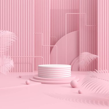 Yuvarlak podyum ve bitki ürünleri sunumunun en az maket sahnesi. Pastel renkli geometrik mimari tasarım. 3B görüntüleme.