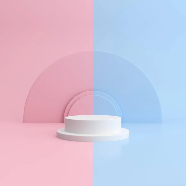 Minimum model sahne, yuvarlak podyum, iki ton pembe ve mavi. Pastel renkli geometrik şekilli mimari tasarım, Ürün sunumu. 3B görüntüleme.