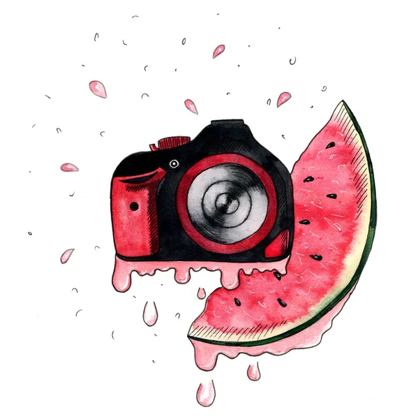 Black camera with fresh watermelon on white background. Watercolor illustration
