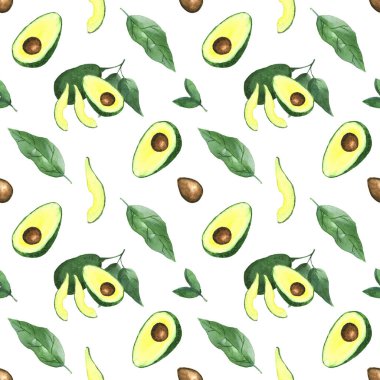 Beyaz arka planda taze avokado ile suluboya deseni. Diğer arkaplanı yapmak kolay