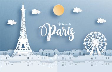 Paris sembolü kağıt şirin tarzı şehir ve Eyfel Kulesi Tour Eiffel, Paris, Fransa'ya hoş geldiniz. Vektör çizim.