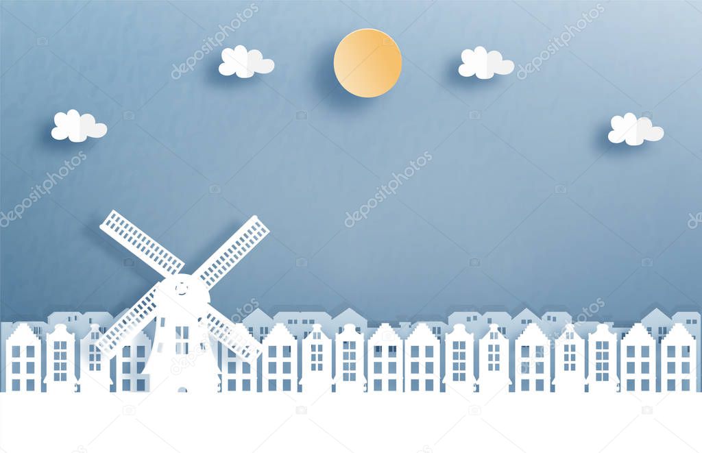 Paper art with Amsterdam city, with building,windmill, and blue sky. Welcome to Amsterdam. Vector illustration.