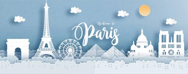 旅游海报与巴黎 法国著名的地标剪纸风格 向量例证 — 图库矢量图片