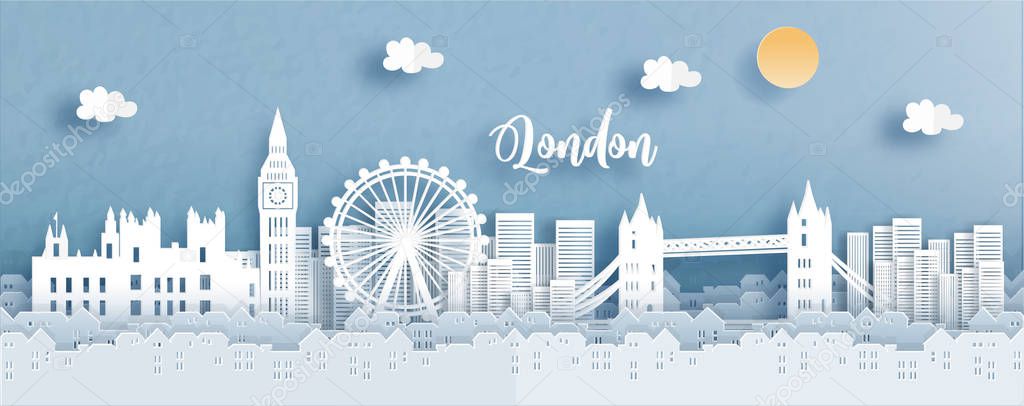 Travel poster with England famous landmarks in paper cut style. Vector illustration.