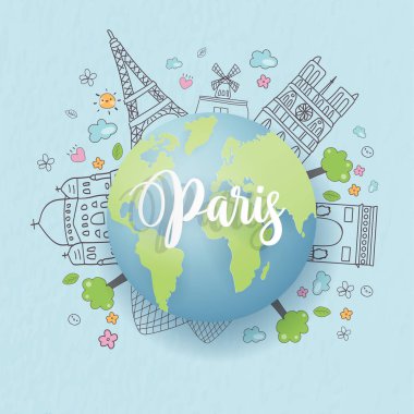 Paris, Fransa 'nın turist ve seyahat kartpostalları için dünya haritası ya da poster, reklam ve İspanya' nın simgeleriyle broşür. Vektör illüstrasyonu.