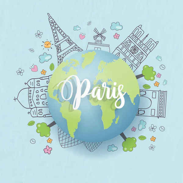 法国巴黎世界地图 用于旅游和旅游明信片或招贴画 广告和带有西班牙地标的小册子 矢量说明 — 图库矢量图片