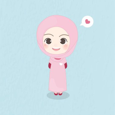 Müslüman bir kızın karakter tasarımı. Gülümseyen kız. Vektör illüstrasyonu.