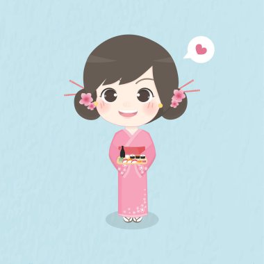 Japon kız gülümsüyor ve elinde ahşap bir tabak suşi seti, Japon restoranları, vektör illüstrasyonu taşıyor..