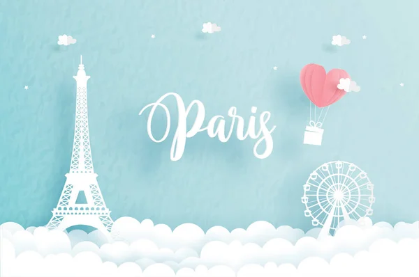 与法国巴黎埃菲尔铁塔合作的旅游广告的爱情概念 剪裁风格矢量图解 — 图库矢量图片