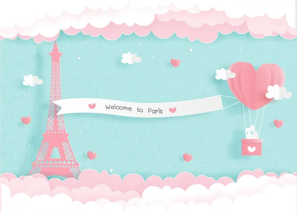 Paper Origami Eiffel Tower Heart Balloons Couple Love Paris France — Stock Vector