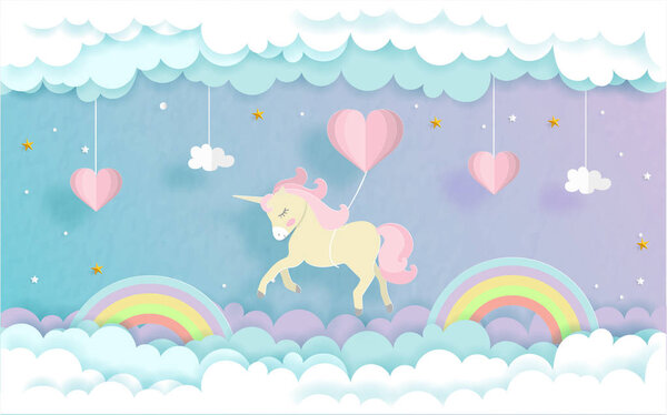 A unicorn flying with heart balloons in the sky, cute unicorn in paper cut style. Vector illustration