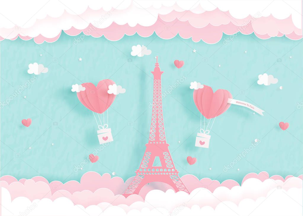 Honeymoon, love concept for travel advertising with Eiffel Tower in Paris, France, paper cut style vector 