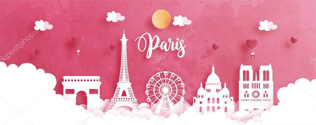 Panorama travel postcard and poster of Paris, France famous landmarks in paper origami style. Love and honeymoon trip concept. Vector illustration.