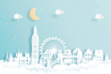 Londra, İngiltere 'de kış. Kağıt kesim stili illüstrasyonunda ünlü bir kent simgesi..