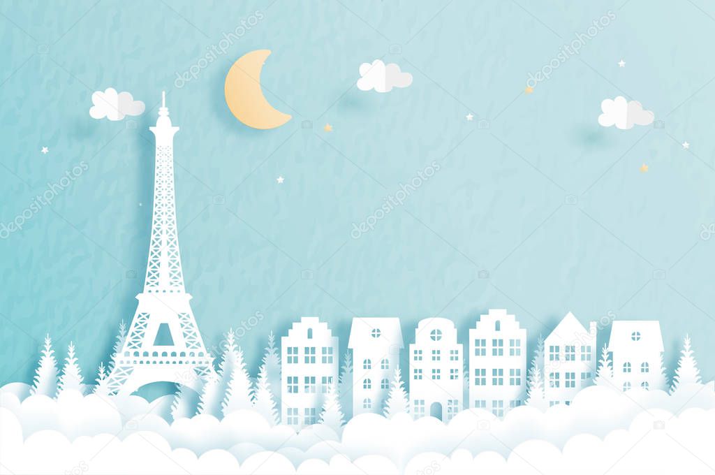 Winter in Paris, France with famous landmark in paper cut style vector illustration.
