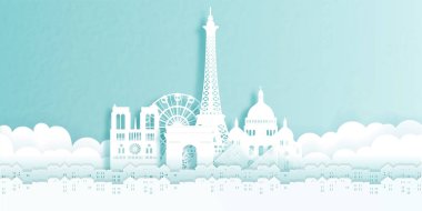 Paris, Fransa 'nın dünyaca ünlü simgesi. Seyahat konsepti kağıt kesimi biçim vektör illüstrasyonu