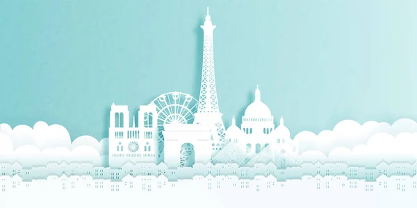 World Famous Landmark Paris France Travel Concept Paper Cut Style — Stock Vector