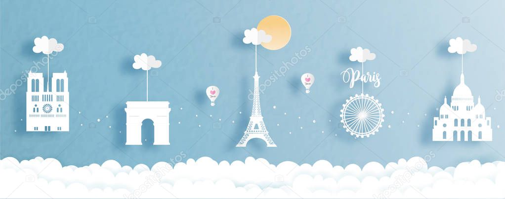 World famous landmark with Paris, France landmark hanging in the sky. Travel concept paper cut style vector illustration.