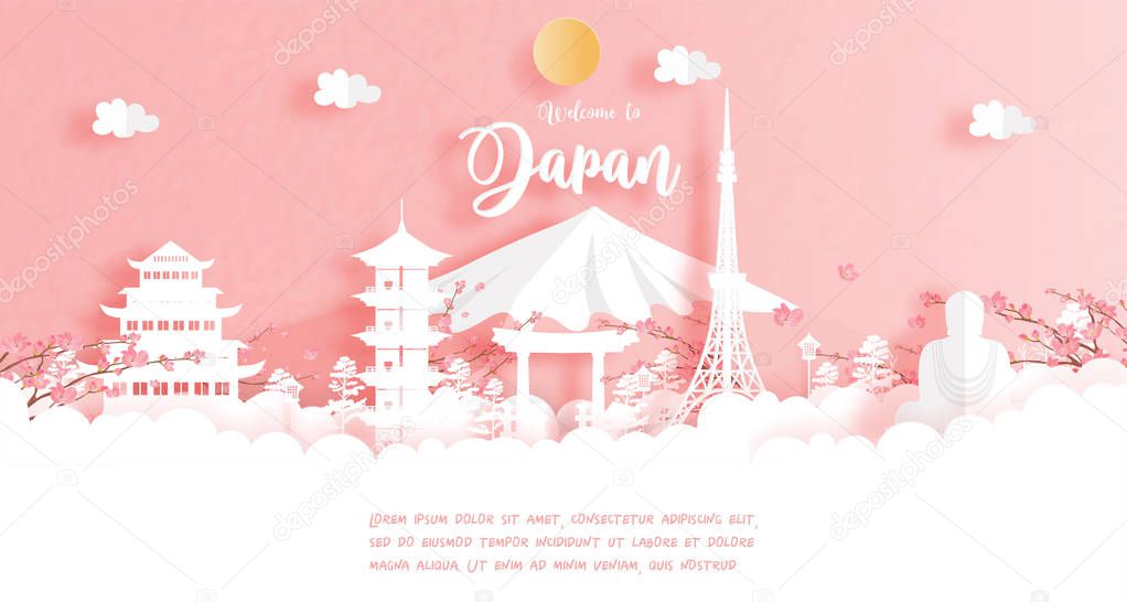 Travel postcard of world famous landmark of Japan. Tokyo in paper cut style vector 