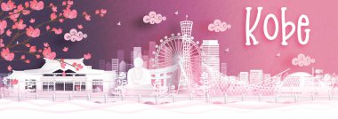 Sonbahar mevsimi, düşen Sakura çiçeği ve Kobe ile Japonya 'nın dünyaca ünlü kağıt kesim tarzı vektör illüstrasyonunda