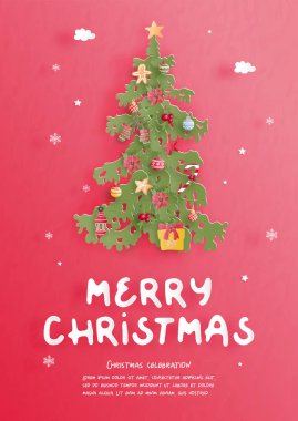 İçinde Noel ağacı ve kağıt kesiği şeklinde hediye paketi olan bir Noel kartı. Vektör illüstrasyonu