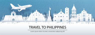 Panorama manzaralı şehir silueti ve kağıt kesim stili illüstrasyonunda dünyaca ünlü simgeleri olan Filipinler 'e seyahat reklamı.
