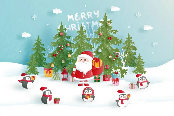 Christmas Card Cute Santa Paper Cut Style Vector Illustration — Stock Vector