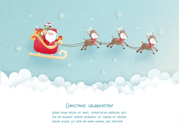 Christmas Celebrations Cute Santa Reindeer Christmas Card Paper Cut Style — Stock Vector