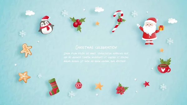 Weihnachtsfeier Mit Niedlichen Weihnachtskeksen Für Weihnachtskarten Scherenschnitt Stil Vektorillustration — Stockvektor